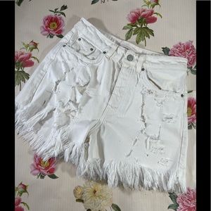 Zara White High Waist Distressed Shorts